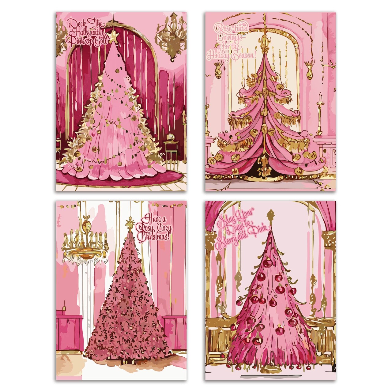 Pink and Gold Christmas Greeting Cards – Boxed Set of 24 Glamorous Holiday Notecards Featuring Lavish Christmas Tree Designs, Blank Inside with Envelopes Included